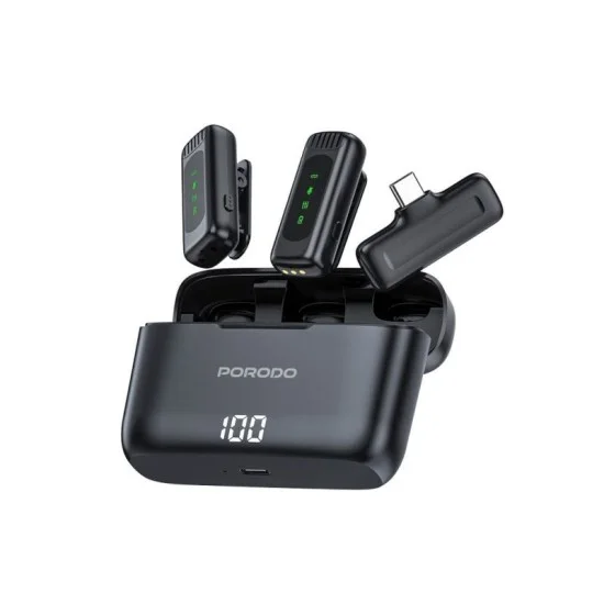 Porodo Lavalier Double Microphone With Charging Case - Black